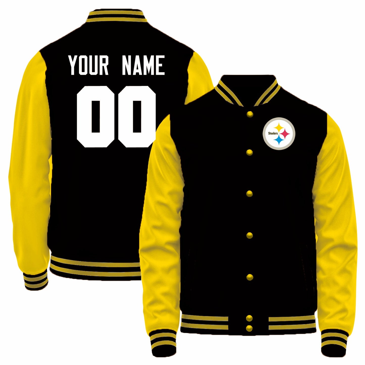 Custom P.Steelers Black-Yellow Bomber Full-Snap Varsity Letterman Jacket