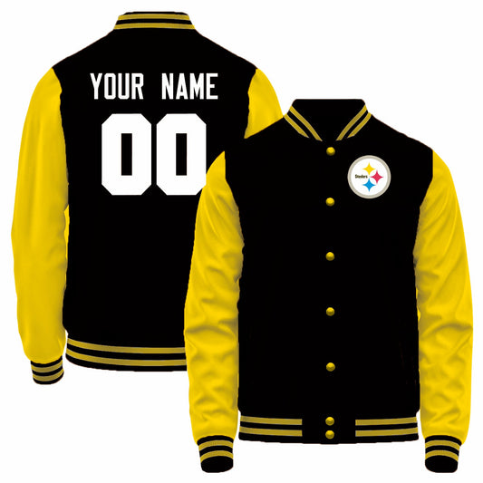 Custom P.Steelers Black-Yellow Bomber Full-Snap Varsity Letterman Jacket