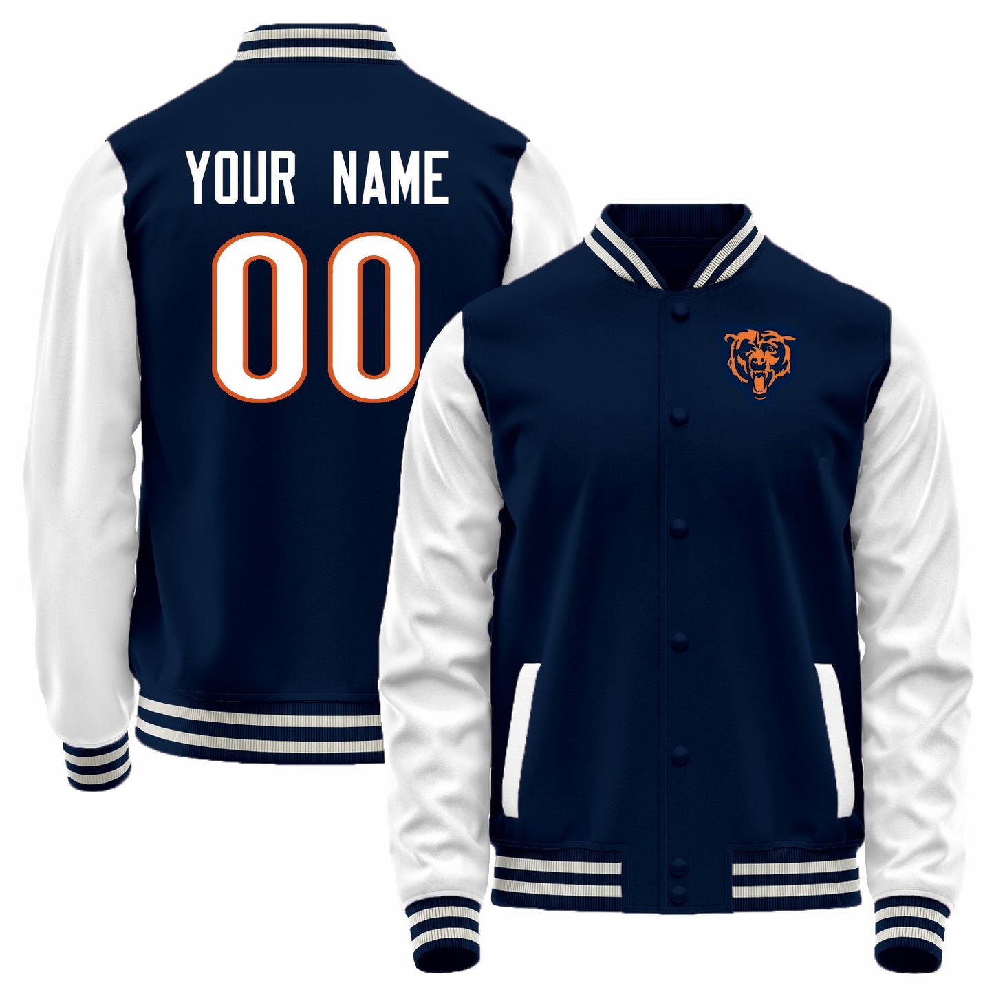 Custom C.Bears Black-White Bomber Full-Snap Varsity Letterman Jacket