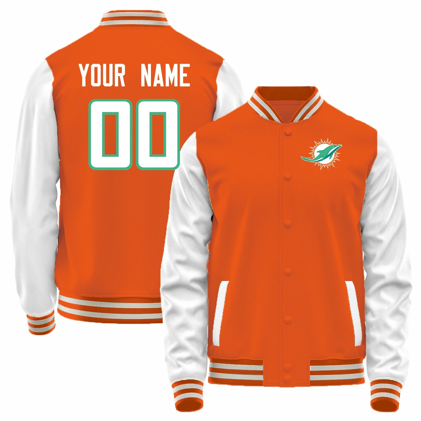 Custom M.Dolphins Orange-White Bomber Full-Snap Varsity Letterman Jacket
