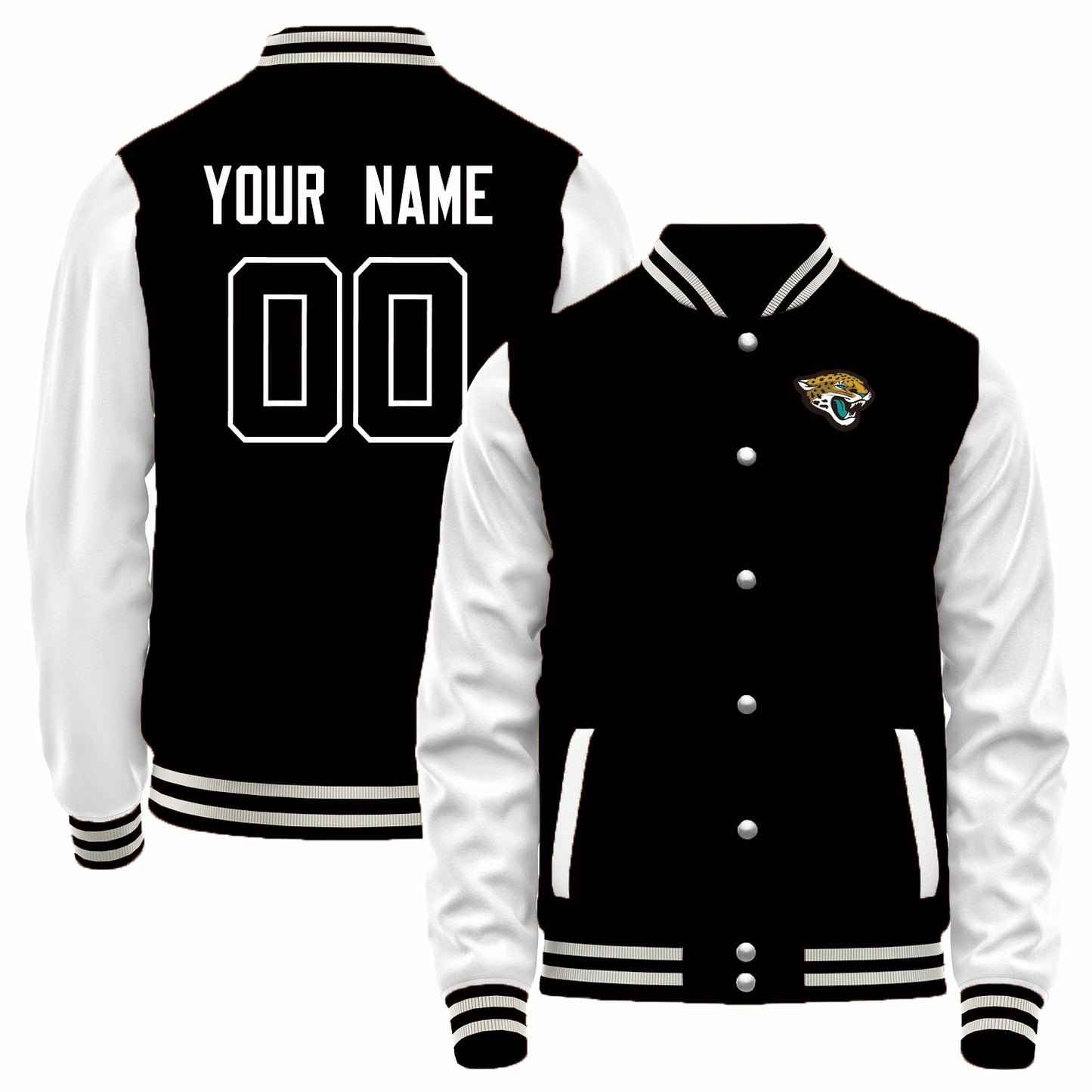 Custom J.Jaguars Black-White Bomber Full-Snap Varsity Letterman Jacket