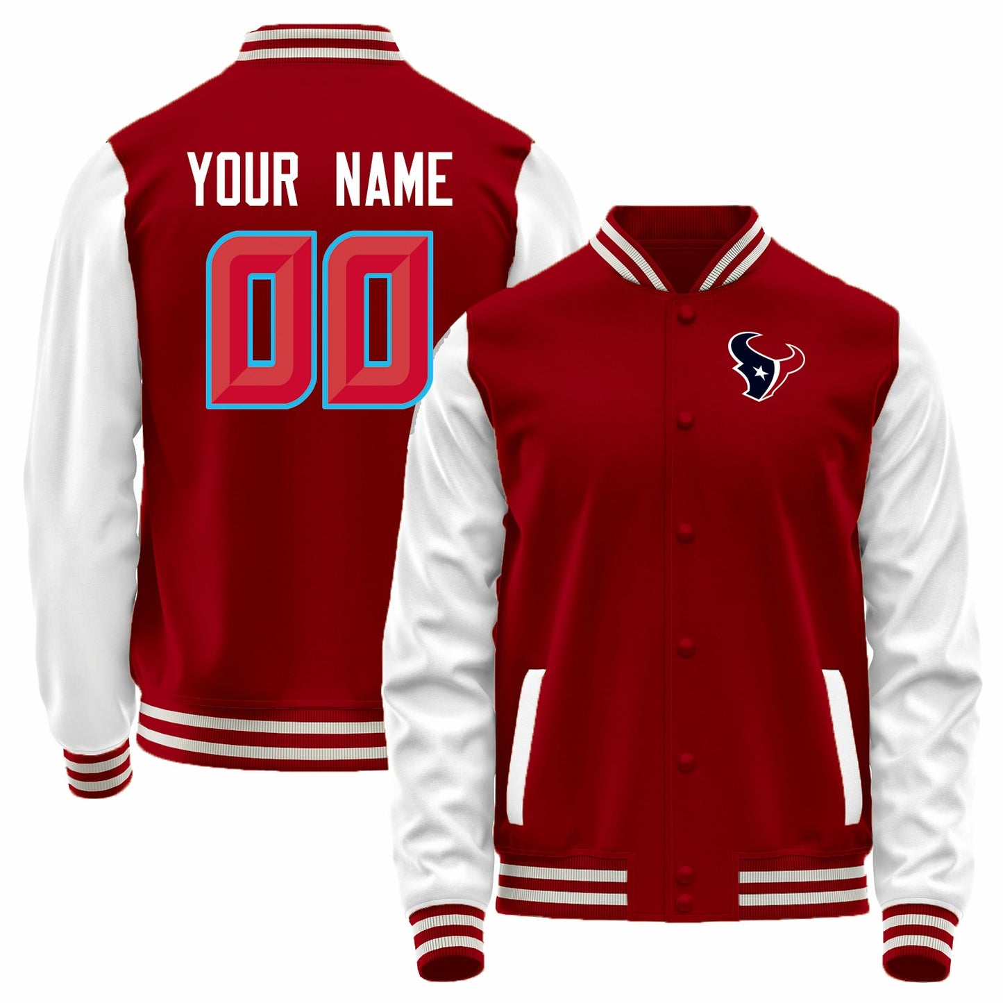 Custom H.Texans Red-White Bomber Full-Snap Varsity Letterman Jacket