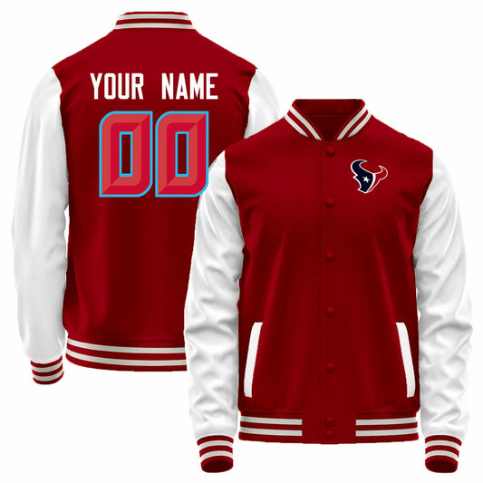Custom H.Texans Red-White Bomber Full-Snap Varsity Letterman Jacket