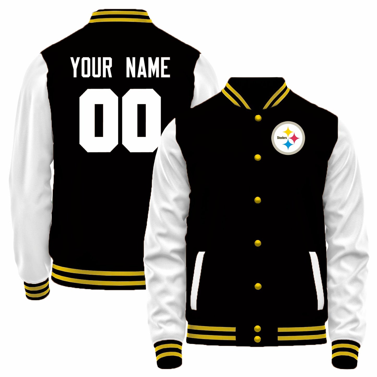 Custom P.Steelers Black-White Bomber Full-Snap Varsity Letterman Jacket