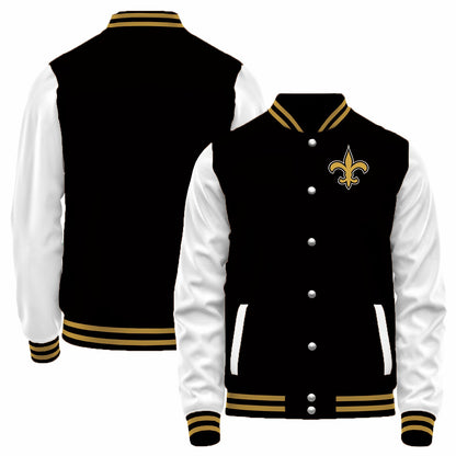Custom NO.Saints Black-White Bomber Full-Snap Varsity Letterman Jacket