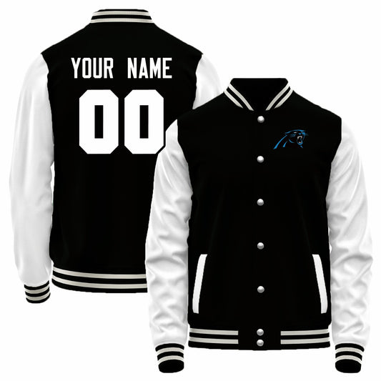 Custom C.Panthers Black-White Bomber Full-Snap Varsity Letterman Jacket