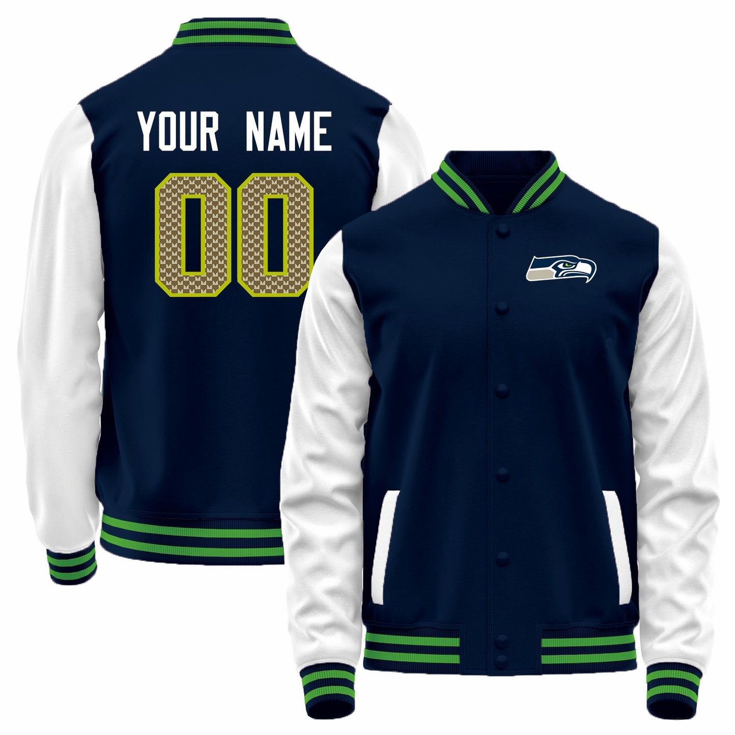 Custom S.Seahawks Navy-White Bomber Full-Snap Varsity Letterman Jacket