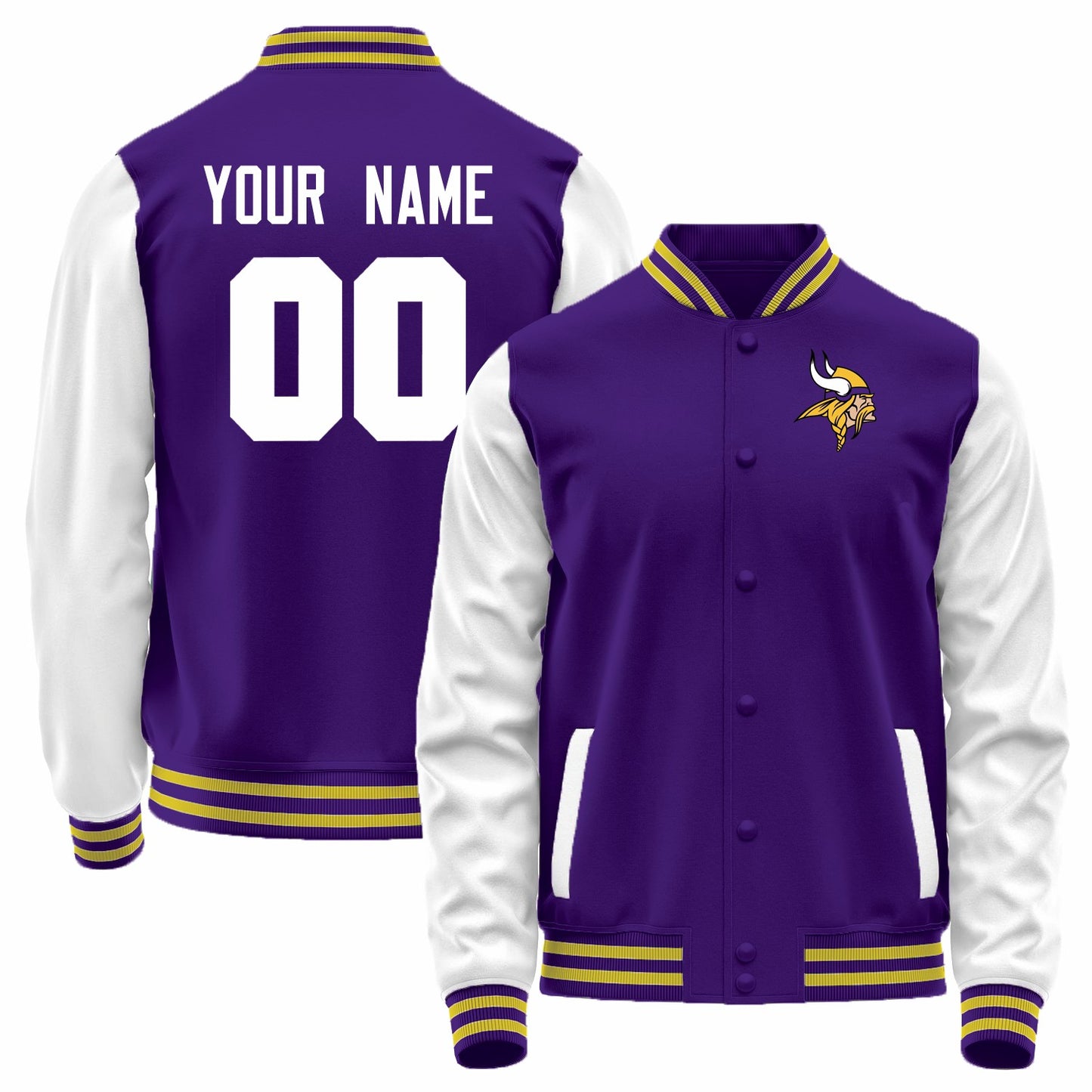 Custom MN.Vikings Purple-White Bomber Full-Snap Varsity Letterman Jacket